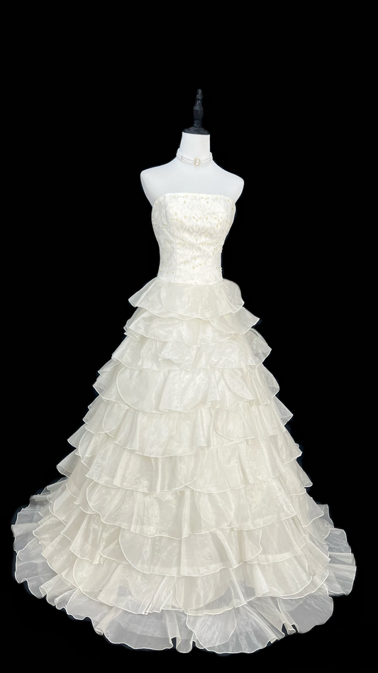 Vintage Ball Gown Strapless Multi Layers White Fitted Corset Long Wedding Dress Bride Gowns Wedding Dresses AU087