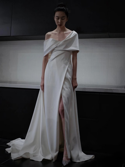 Dreamy A line Off The Shoulder Satin White Short Sleeves Wedding Dress Fairy Formal Wedding Dresses AU088