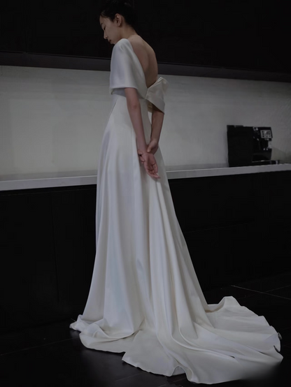 Dreamy A line Off The Shoulder Satin White Short Sleeves Wedding Dress Fairy Formal Wedding Dresses AU088