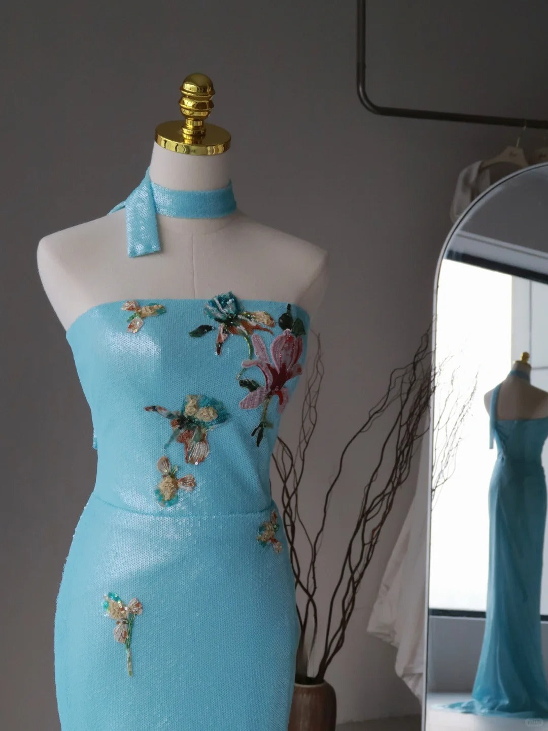 Charming Mermaid Strapless Blue Sequins Sleeveless Long Prom Dresses Appliqued Prom Gowns AU088