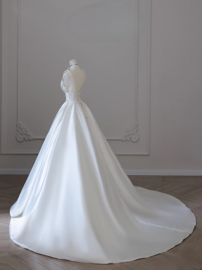 Simple Ball Gown V Neck Satin Pleated White Long Wedding Dress Fairy Formal Wedding Dresses AU089