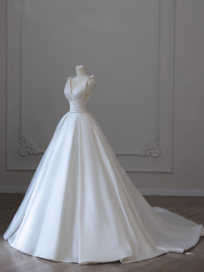 Simple Ball Gown V Neck Satin Pleated White Long Wedding Dress Fairy Formal Wedding Dresses AU089