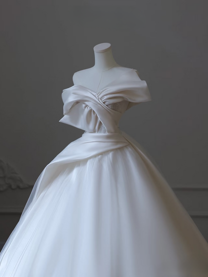 Dreamy Ball Gown Off The Shoulder Satin White Short Sleeves Wedding Dress Fairy Formal Wedding Dresses AU090