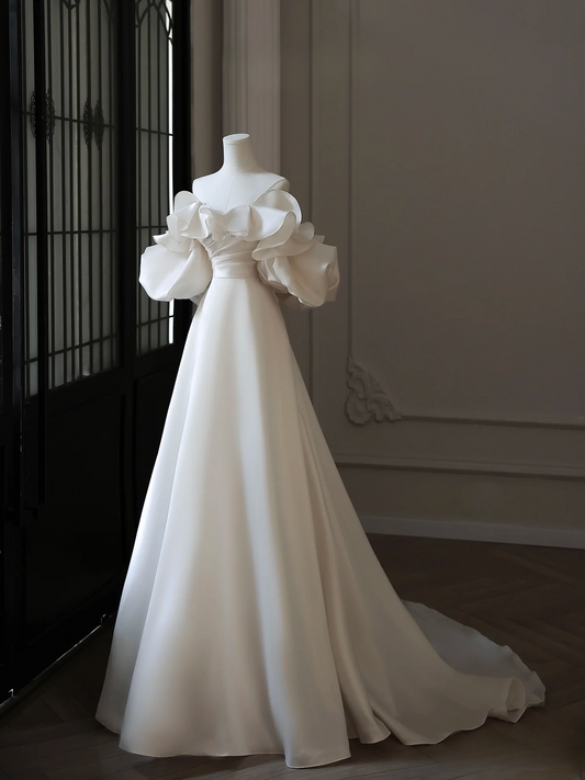 Dreamy A Line Off The Shoulder Satin White Short Sleeves Wedding Dress Fairy Formal Wedding Dresses AU091