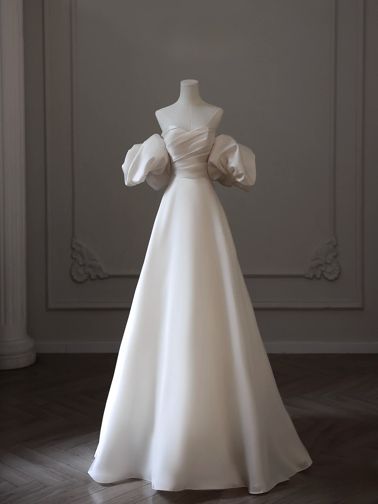 Dreamy A Line Off The Shoulder Satin White Short Sleeves Wedding Dress Fairy Formal Wedding Dresses AU091