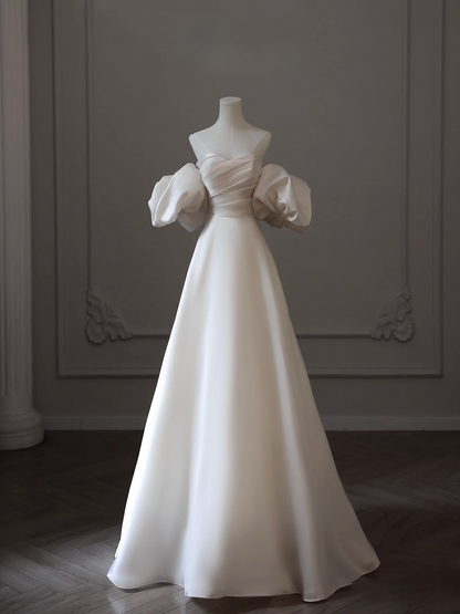 Dreamy A Line Off The Shoulder Satin White Short Sleeves Wedding Dress Fairy Formal Wedding Dresses AU091