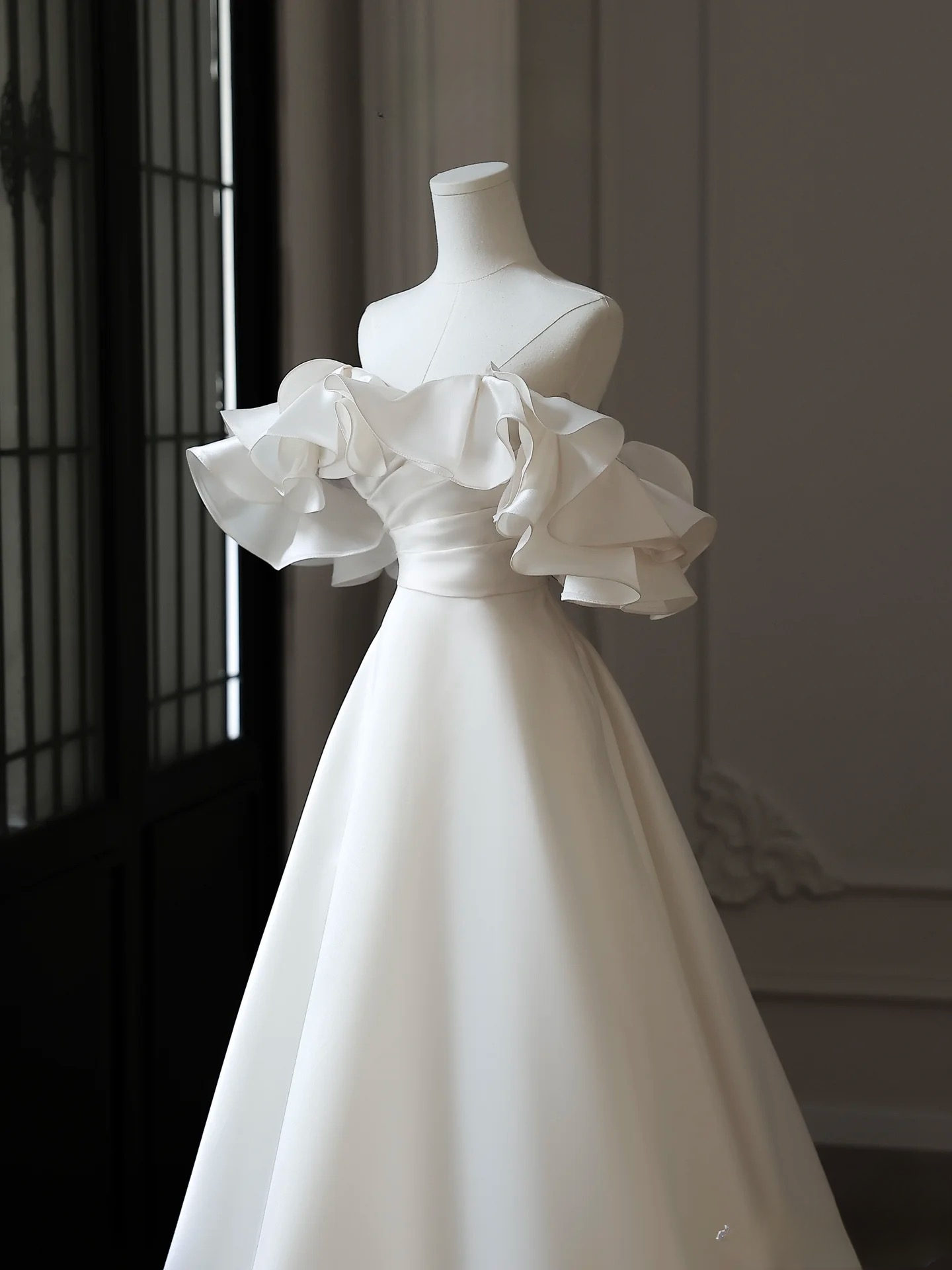 Dreamy A Line Off The Shoulder Satin White Short Sleeves Wedding Dress Fairy Formal Wedding Dresses AU091