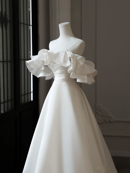 Dreamy A Line Off The Shoulder Satin White Short Sleeves Wedding Dress Fairy Formal Wedding Dresses AU091