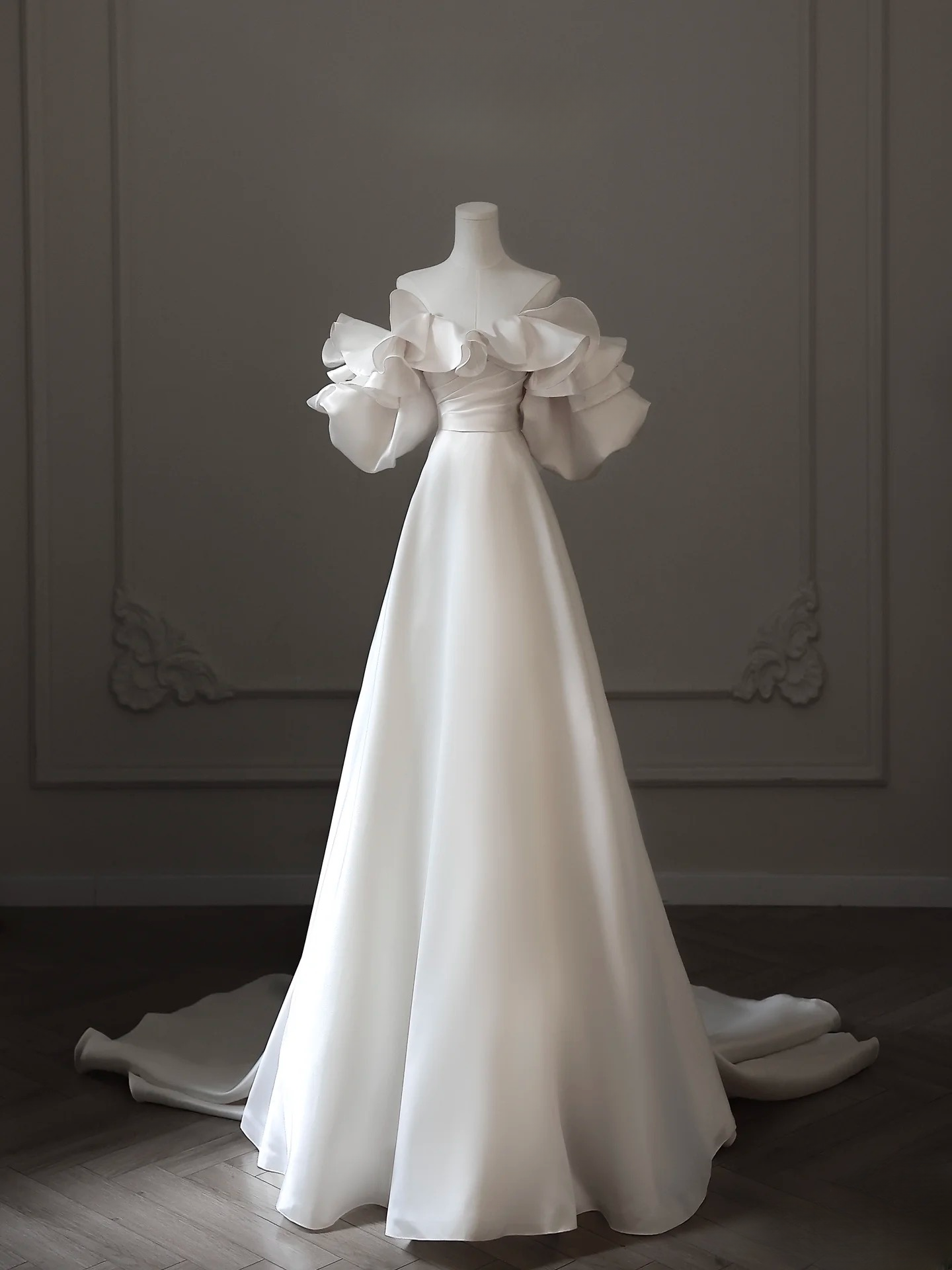 Dreamy A Line Off The Shoulder Satin White Short Sleeves Wedding Dress Fairy Formal Wedding Dresses AU091