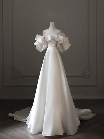 Dreamy A Line Off The Shoulder Satin White Short Sleeves Wedding Dress Fairy Formal Wedding Dresses AU091