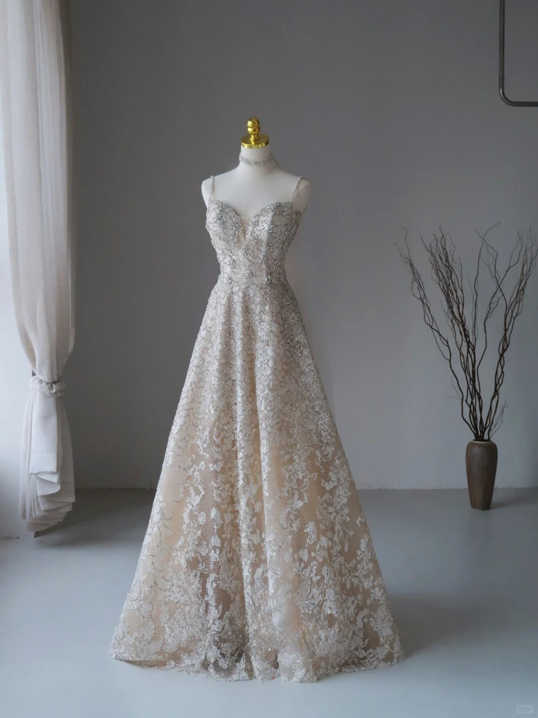 Glitter A Line Spaghetti Strap Champagne Sequined With Beading Prom Dresses Long Evening Party Formal Outfits RB6582