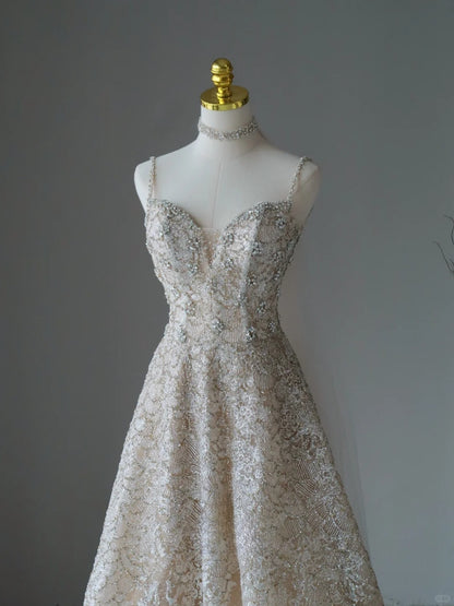 Glitter A Line Spaghetti Strap Champagne Sequined With Beading Prom Dresses Long Evening Party Formal Outfits RB6582
