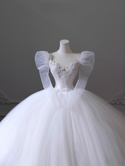 Classic Ball Gown Sweetheart Tulle Lace White Long Wedding Dress Fairy Formal Wedding Dresses AU092