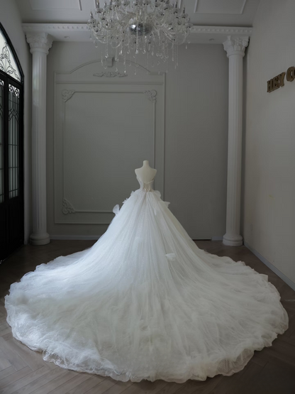 Classic Ball Gown Sweetheart Tulle Sequin White Long Wedding Dress Fairy Formal Wedding Dresses AU093