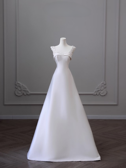 Modest Ball Gown Off The Shoulder Satin White Short Sleeves Wedding Dress Fairy Formal Wedding Dresses AU094