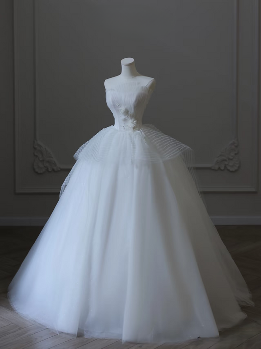 Classic Ball Gown Strapless Tulle White Long Wedding Dress Fairy Formal Wedding Dresses Brides Gowns AU096