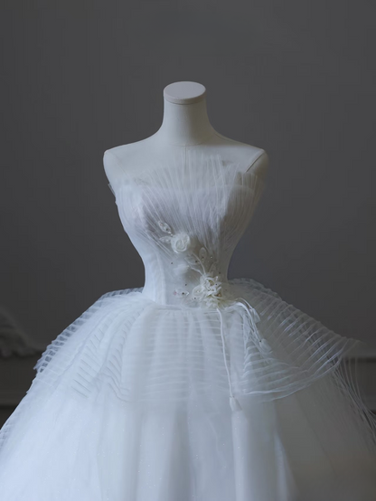 Classic Ball Gown Strapless Tulle White Long Wedding Dress Fairy Formal Wedding Dresses Brides Gowns AU096