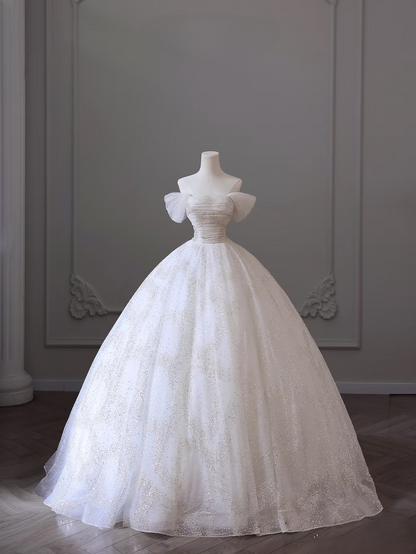 Modest Ball Gown Off The Shoulder Tulle White Long Wedding Dress Fairy Formal Wedding Dresses Brides Gowns AU097