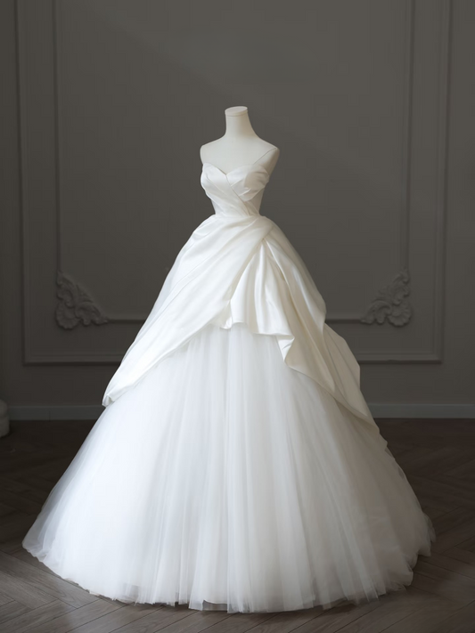 Elegant Ball Gown Sweetheart Satin Tulle White Long Wedding Dress Fairy Formal Wedding Dresses AU098