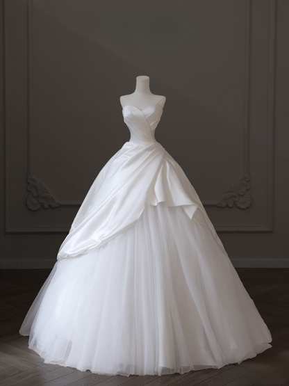 Elegant Ball Gown Sweetheart Satin Tulle White Long Wedding Dress Fairy Formal Wedding Dresses AU098