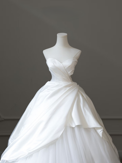 Elegant Ball Gown Sweetheart Satin Tulle White Long Wedding Dress Fairy Formal Wedding Dresses AU098