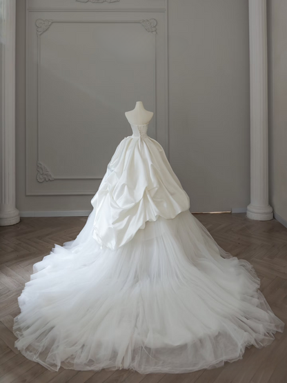 Elegant Ball Gown Sweetheart Satin Tulle White Long Wedding Dress Fairy Formal Wedding Dresses AU098