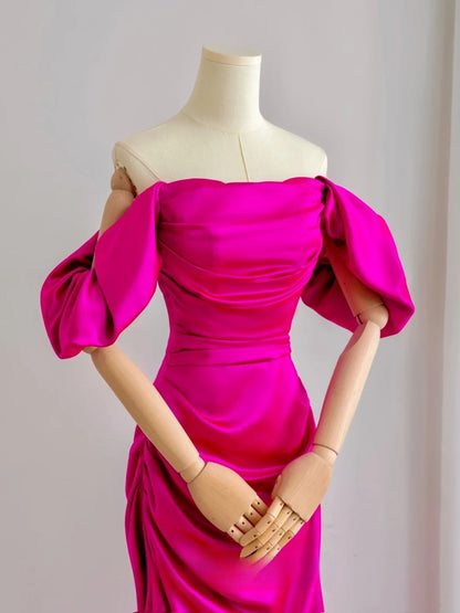 Classy Mermaid Strapless Hot Pink Satin Split Pleated Prom Dresses Formal Dress Birthday Outfits Prom Gown AU098