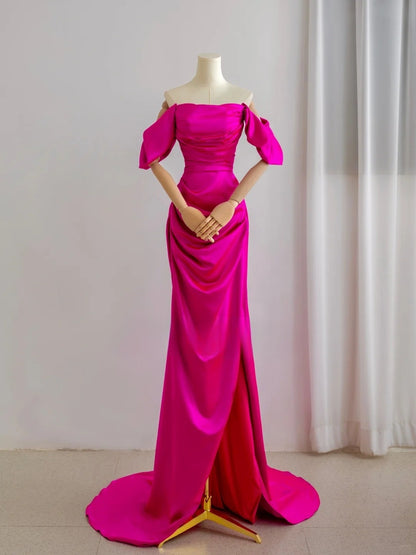 Classy Mermaid Strapless Hot Pink Satin Split Pleated Prom Dresses Formal Dress Birthday Outfits Prom Gown AU098
