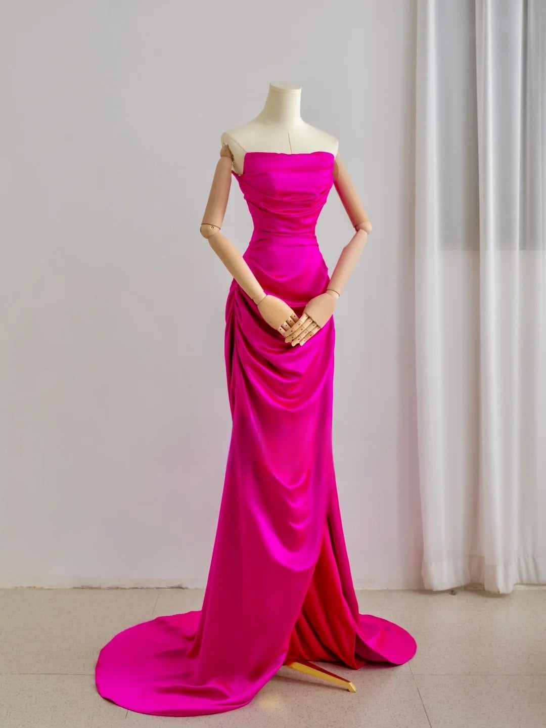 Classy Mermaid Strapless Hot Pink Satin Split Pleated Prom Dresses Formal Dress Birthday Outfits Prom Gown AU098