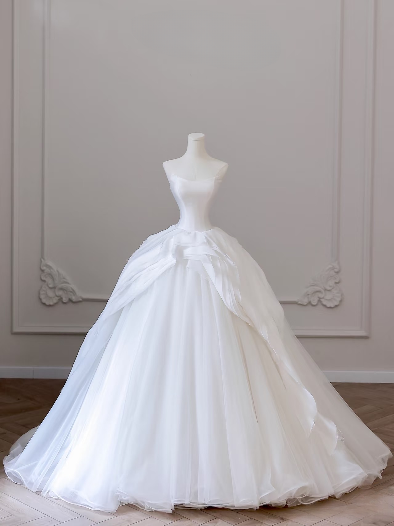 Elegant Ball Gown Strapless Satin Tulle White Long Wedding Dress Fairy Formal Wedding Dresses Bride Gown AU099