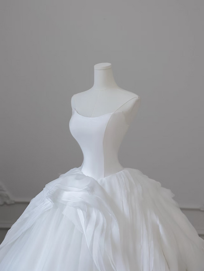 Elegant Ball Gown Strapless Satin Tulle White Long Wedding Dress Fairy Formal Wedding Dresses Bride Gown AU099