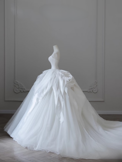 Elegant Ball Gown Strapless Satin Tulle White Long Wedding Dress Fairy Formal Wedding Dresses Bride Gown AU099