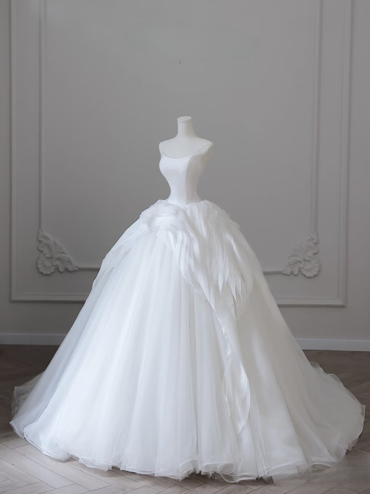 Elegant Ball Gown Strapless Satin Tulle White Long Wedding Dress Fairy Formal Wedding Dresses Bride Gown AU099