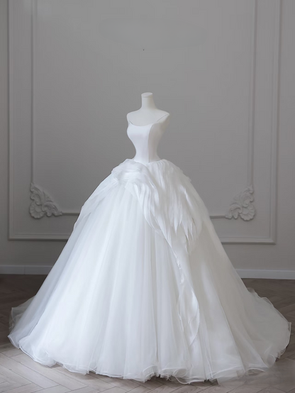 Elegant Ball Gown Strapless Satin Tulle White Long Wedding Dress Fairy Formal Wedding Dresses Bride Gown AU099