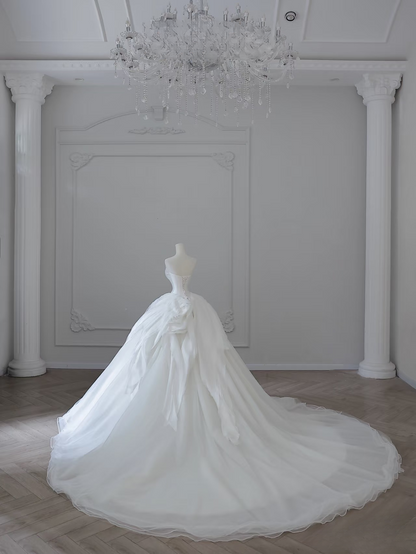 Elegant Ball Gown Strapless Satin Tulle White Long Wedding Dress Fairy Formal Wedding Dresses Bride Gown AU099