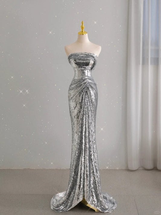 Unique Mermaid Strapless Silver Sequin Prom Dresses Long Party Dress 22th Birthday Outfits Formal Gown AU099