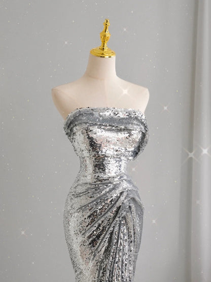 Unique Mermaid Strapless Silver Sequin Prom Dresses Long Party Dress 22th Birthday Outfits Formal Gown AU099