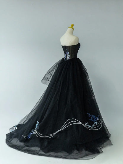 Modest Ball Gown Sweetheart Little Black Tie Tulle Prom Dresses With Beading Long Evening Party Formal Outfits RB6587
