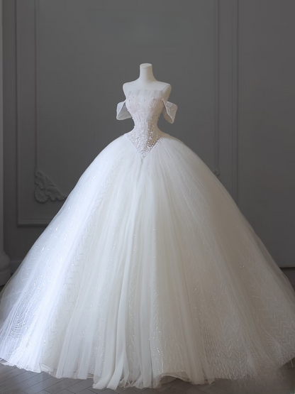 Modest Ball Gown Off The Shoulder Tulle White Short Sleeves Long Wedding Dress Fairy Formal Wedding Dresses Brides Gowns AU101