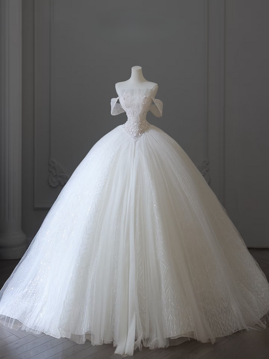 Modest Ball Gown Off The Shoulder Tulle White Short Sleeves Long Wedding Dress Fairy Formal Wedding Dresses Brides Gowns AU101