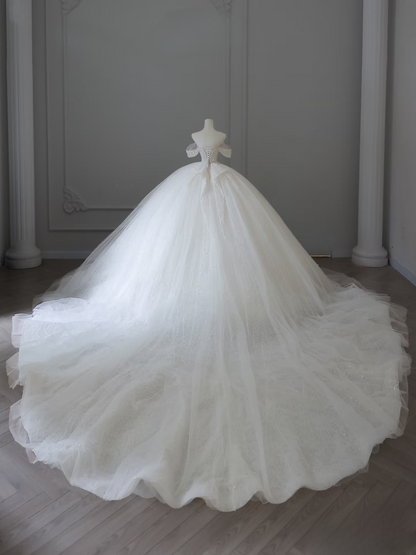 Modest Ball Gown Off The Shoulder Tulle White Short Sleeves Long Wedding Dress Fairy Formal Wedding Dresses Brides Gowns AU101