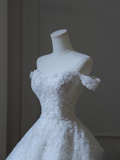 Modest Ball Gown Off The Shoulder Lace White Short Sleeves Long Wedding Dress Fairy Formal Wedding Dresses Brides Gowns AU102