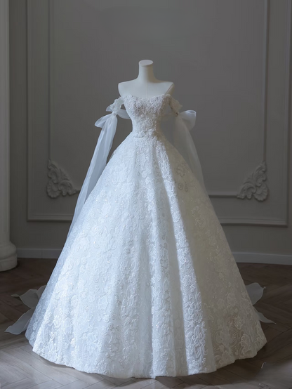 Modest Ball Gown Off The Shoulder Lace White Short Sleeves Long Wedding Dress Fairy Formal Wedding Dresses Brides Gowns AU102