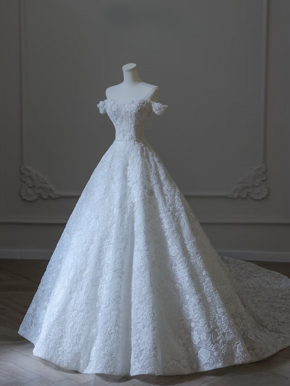Modest Ball Gown Off The Shoulder Lace White Short Sleeves Long Wedding Dress Fairy Formal Wedding Dresses Brides Gowns AU102
