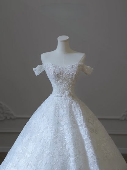 Modest Ball Gown Off The Shoulder Lace White Short Sleeves Long Wedding Dress Fairy Formal Wedding Dresses Brides Gowns AU102