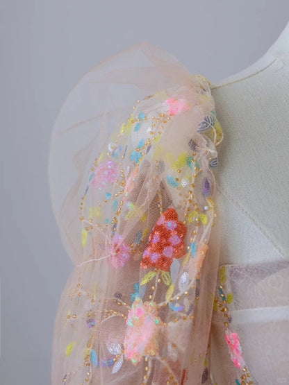 Cute A line Strapless With Long Sleeves Lace Floral Long Prom Dresses Formal Party Dress Prom Gown AU102