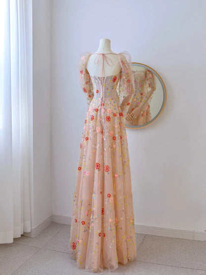 Cute A line Strapless With Long Sleeves Lace Floral Long Prom Dresses Formal Party Dress Prom Gown AU102