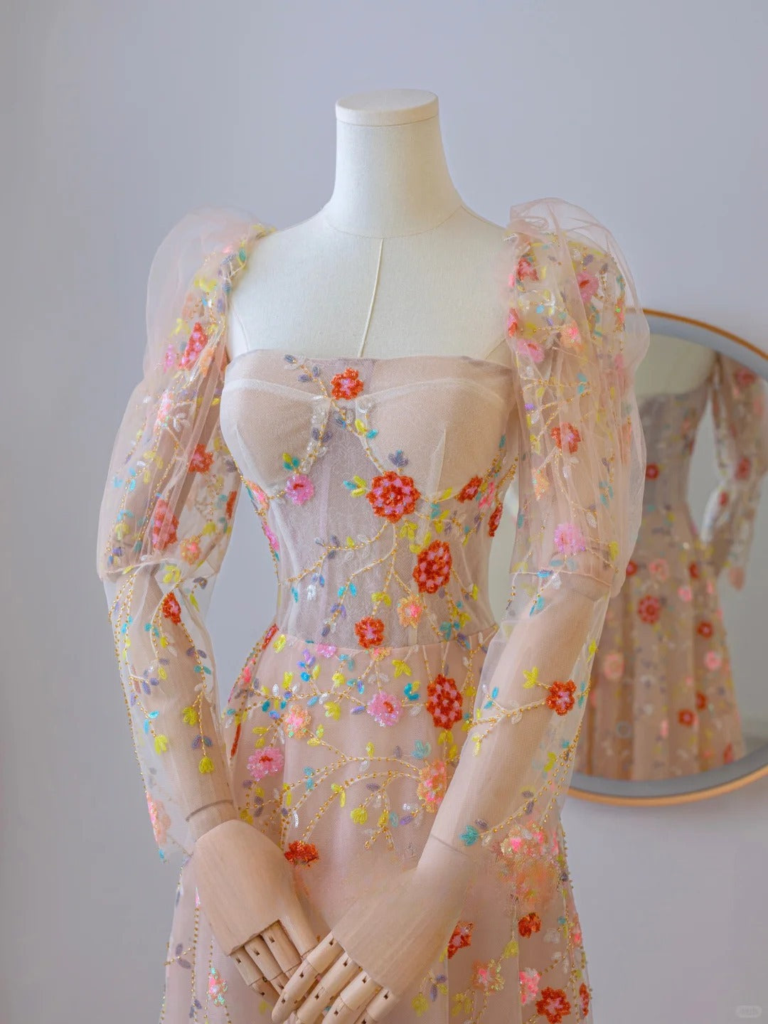 Cute A line Strapless With Long Sleeves Lace Floral Long Prom Dresses Formal Party Dress Prom Gown AU102