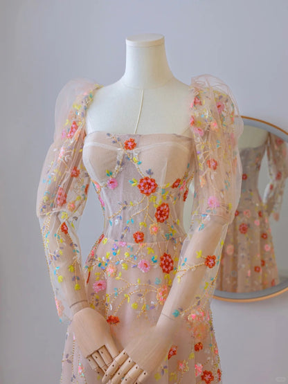 Cute A line Strapless With Long Sleeves Lace Floral Long Prom Dresses Formal Party Dress Prom Gown AU102