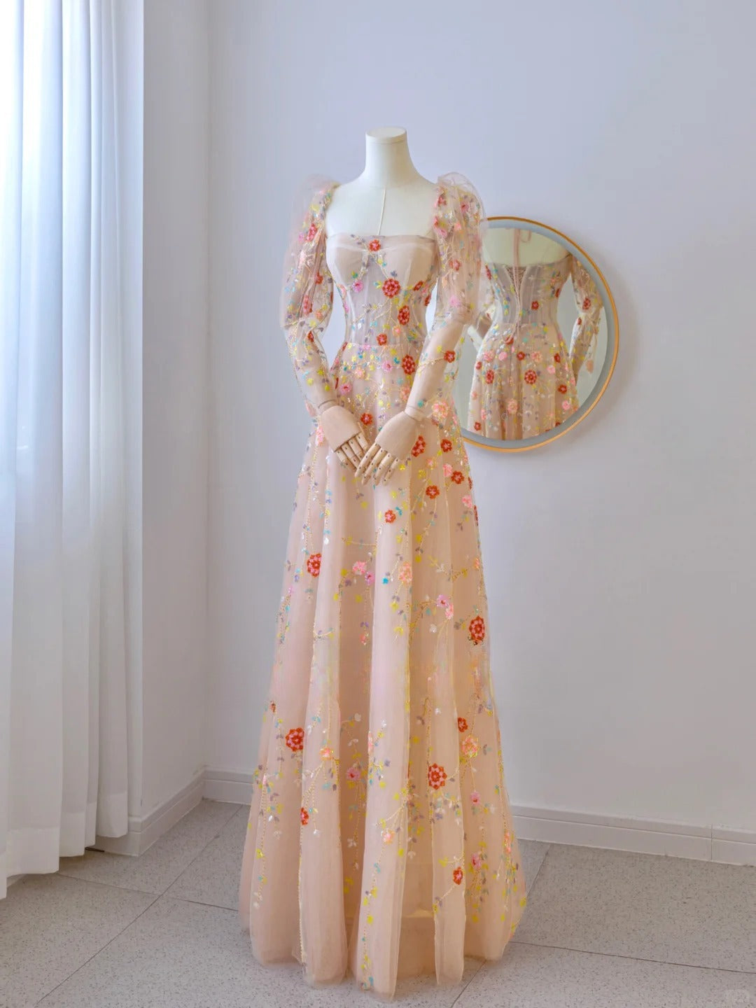 Cute A line Strapless With Long Sleeves Lace Floral Long Prom Dresses Formal Party Dress Prom Gown AU102